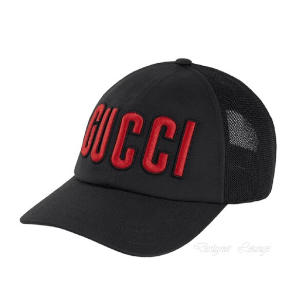 NEW GUCCI Embroidered Logo Baseball Cap Hat Black Red Size S / 57 cm Authentic - Picture 3 of 10